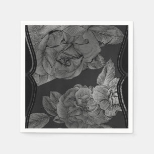 Serviette En Papier Noir Gris Argent Vintage Élégant Glamour Floral