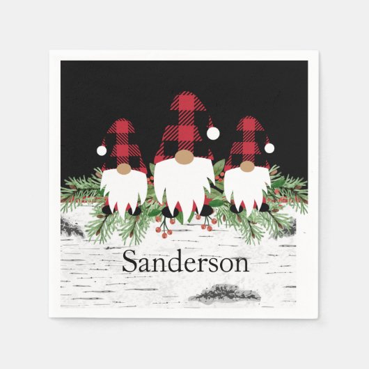 Serviette En Papier Noir Joyeux Noël Rouge Buffalo Plaid Gnome (Devant)