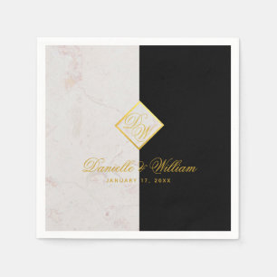 Serviette En Papier Noir Marbre Blanc Monogramme Or Mariage élégant