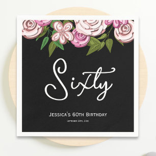 Serviette En Papier Noir moderne 60e anniversaire Floral