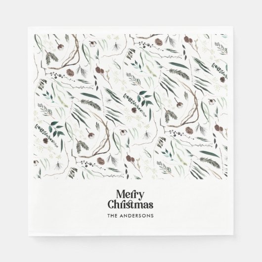 Serviette En Papier Noir moderne élégante aquarelle botanique rustique (Devant)