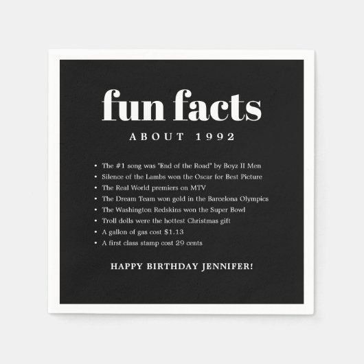 Serviette En Papier Noir Moderne Minimal Fun Faits Anniversaire Année (Devant)