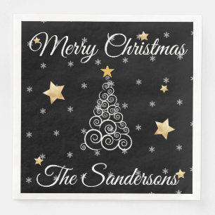 Serviette En Papier Noir moderne or blanc Noël Arbre à vagues