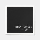 Serviette En Papier Noir moderne Simple Script Monogramme Nom Cocktail (Devant)