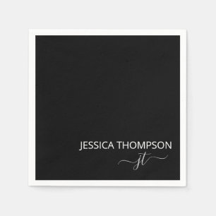 Serviette En Papier Noir moderne Simple Script Monogramme Nom Cocktail