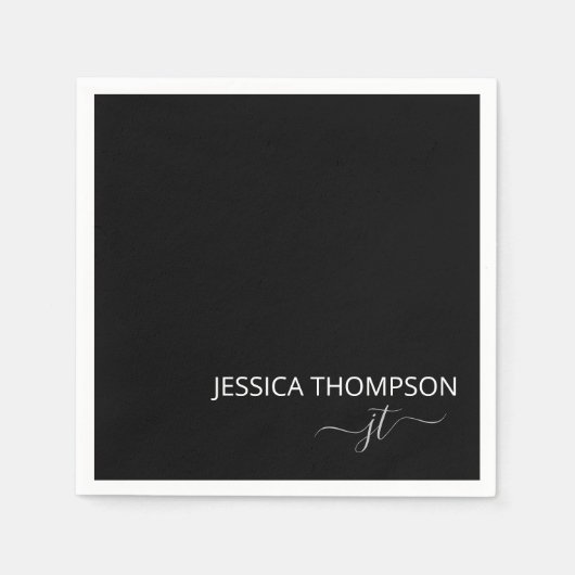 Serviette En Papier Noir moderne Simple Script Monogramme Nom Cocktail (Devant)