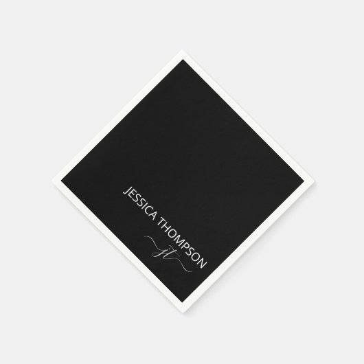 Serviette En Papier Noir moderne Simple Script Monogramme Nom Cocktail (Coin)