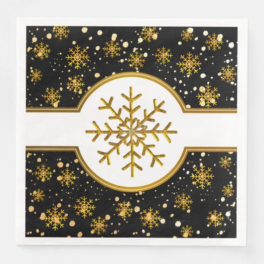 Serviette En Papier Noir| Noël de Noël de Snowflakes Gold (Devant)