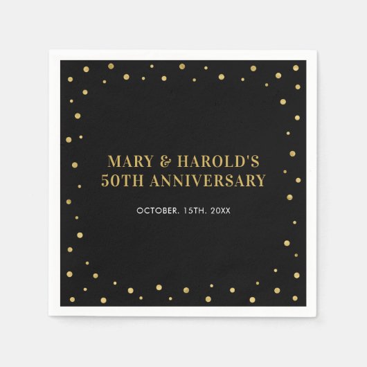 Serviette En Papier Noir & Or | Anniversaire Mariage classique élégant (Devant)