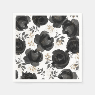 Serviette En Papier Noir Or Floral Glam Feuilles Mariage