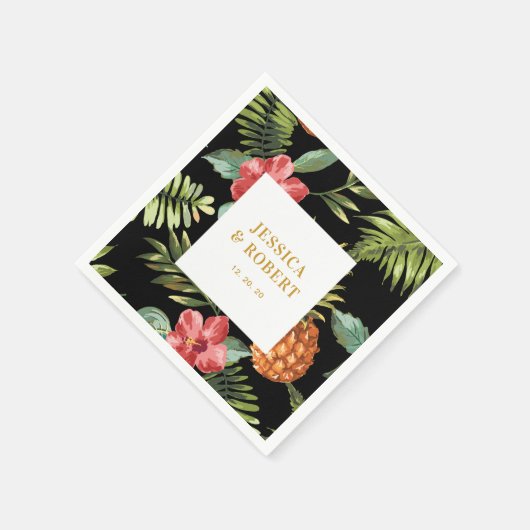 Serviette En Papier Noir & Or | Mariage d'été tropical Napkin (Coin)