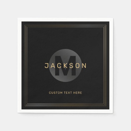 Serviette En Papier Noir & or moderne simple personnalisé monogramme (Devant)