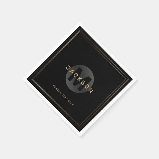 Serviette En Papier Noir & or moderne simple personnalisé monogramme (Coin)