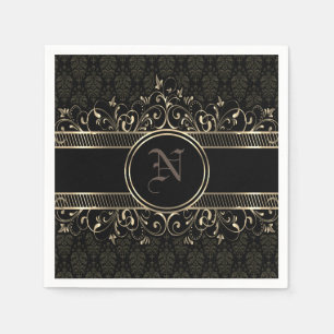 Serviette En Papier Noir & Or Ornate Gothique Monogramme