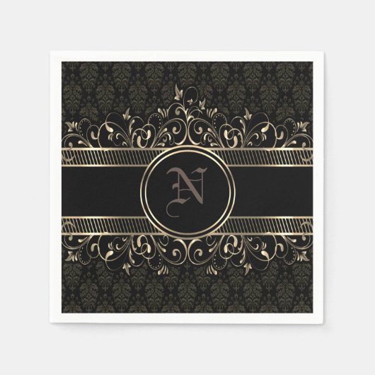 Serviette En Papier Noir & Or Ornate Gothique Monogramme (Devant)
