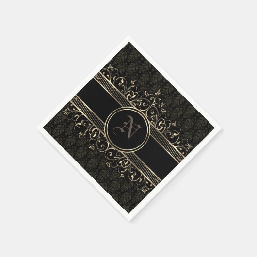 Serviette En Papier Noir & Or Ornate Gothique Monogramme (Coin)