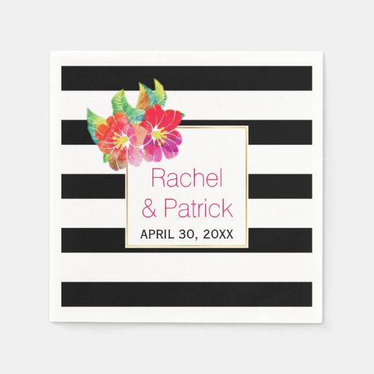Serviette En Papier Noir, rayures blanches, fleurs d'aquarelle mariage (Devant)