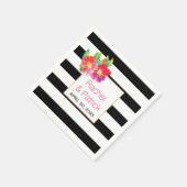 Serviette En Papier Noir, rayures blanches, fleurs d'aquarelle mariage (Coin)