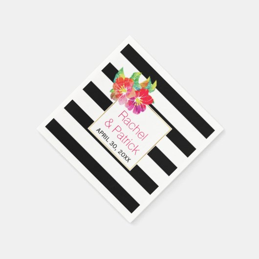 Serviette En Papier Noir, rayures blanches, fleurs d'aquarelle mariage (Coin)