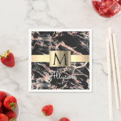 Serviette En Papier Noir & Rose Gold Marble Boîte, Nom & Monogramme (En situation)