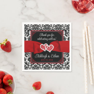Serviette En Papier Noir, Rouge, Blanc Damas Amour Coeurs Mariage