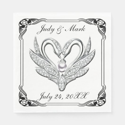 Serviette En Papier Noir Ruban Swans Argent Papier Napkins (Devant)
