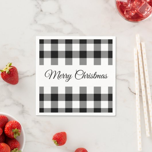 Serviette En Papier Noir Rustique Et Blanc Plaid Joyeux Noël (En situation)