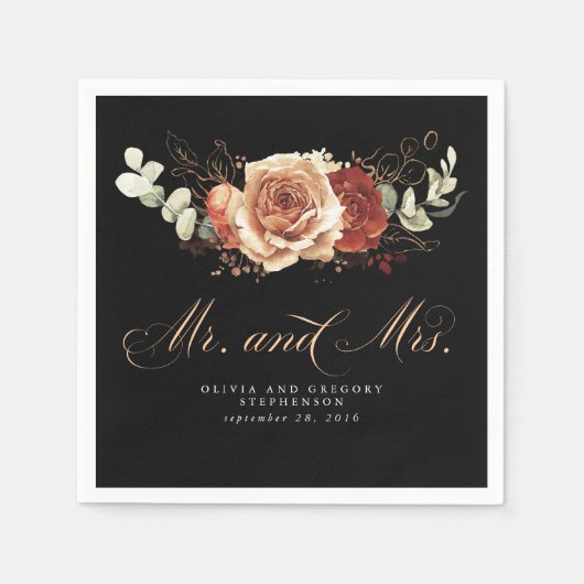 Serviette En Papier Noir & Terracotta Floral Mariage moderne (Devant)
