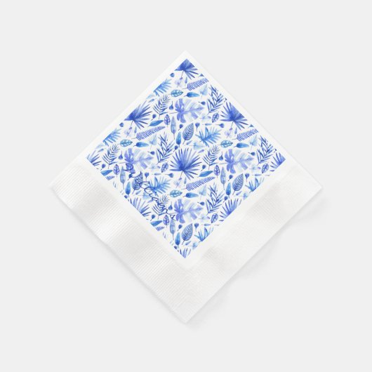 Serviette En Papier Nom Cobalt Bleu Tropical Feuilles Cocktail Coin (Coin)