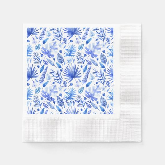 Serviette En Papier Nom Cobalt Bleu Tropical Feuilles Cocktail Coin (Devant)