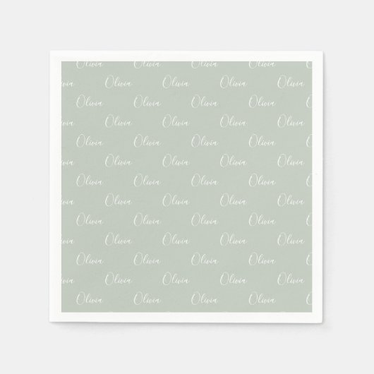 Serviette En Papier Nom customisé Sage Green White Script (Devant)