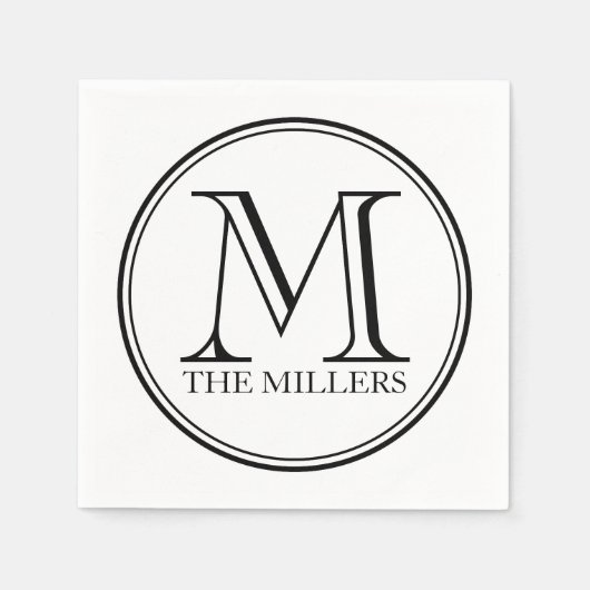 Serviette En Papier Nom de bordure noire ronde Monogramme (Devant)