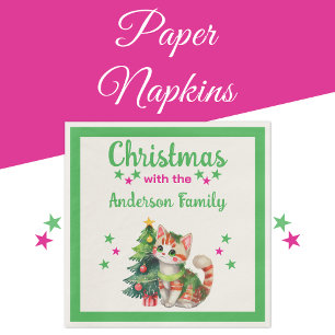 Serviette En Papier Nom de famille chat arbre vert rose Noël