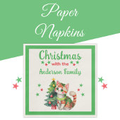 Serviette En Papier Nom de famille chat arbre vert rouge Noël