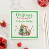 Serviette En Papier Nom de famille chat arbre vert rouge Noël (En situation)