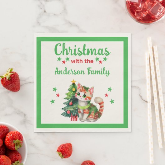 Serviette En Papier Nom de famille chat arbre vert rouge Noël (En situation)