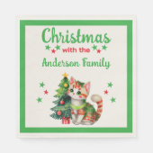 Serviette En Papier Nom de famille chat arbre vert rouge Noël (Devant)
