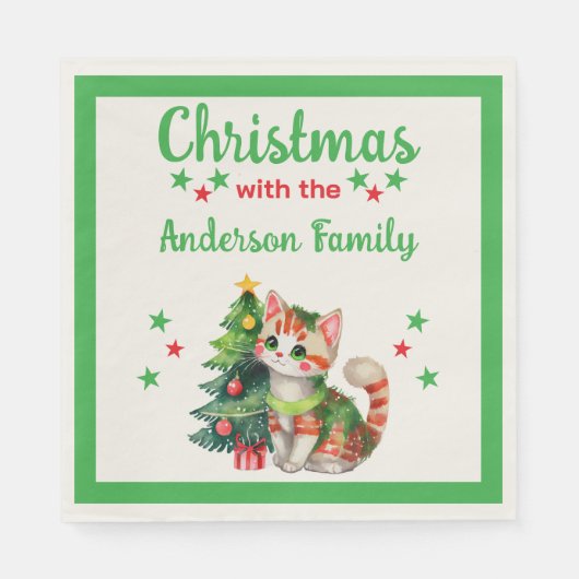 Serviette En Papier Nom de famille chat arbre vert rouge Noël (Devant)