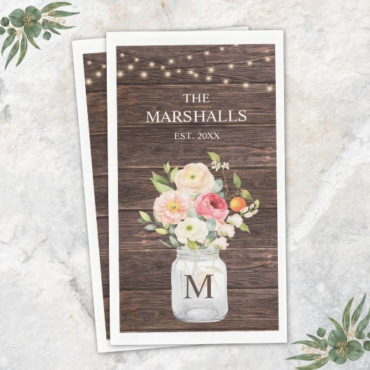 Serviette En Papier Nom de famille en monogramme floral pot Mason rust