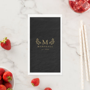 Serviette En Papier Nom de famille monogramme floral élégant noir et o