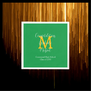 Serviette En Papier Nom de la graduation en or vert et blanc Monogramm