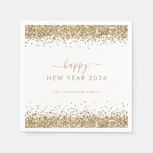 Serviette En Papier Nom de la Parties scintillant d'or White Happy New (Devant)