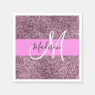 Serviette En Papier Nom de monogramme Paillettes Rose et Violet Glam