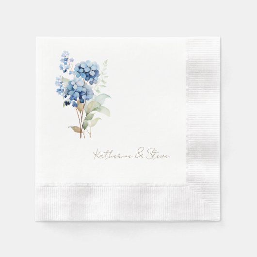 Serviette En Papier Nom de script moderne Blue Hydrangea Mariage (Devant)