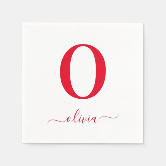 Serviette En Papier Nom De Script Monogramme Personnalisé Blanc Et Rou (Devant)