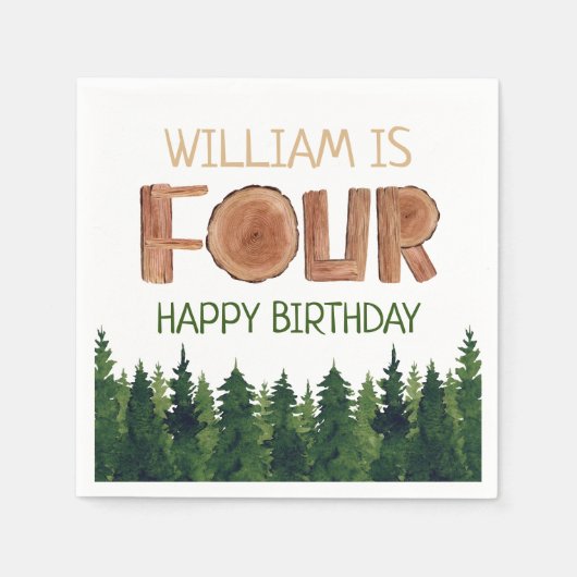 Serviette En Papier Nom du 4e anniversaire Arbres verts rustiques (Devant)