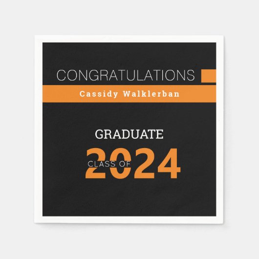 Serviette En Papier Nom du diplômé Noir Orange Graduation (Devant)