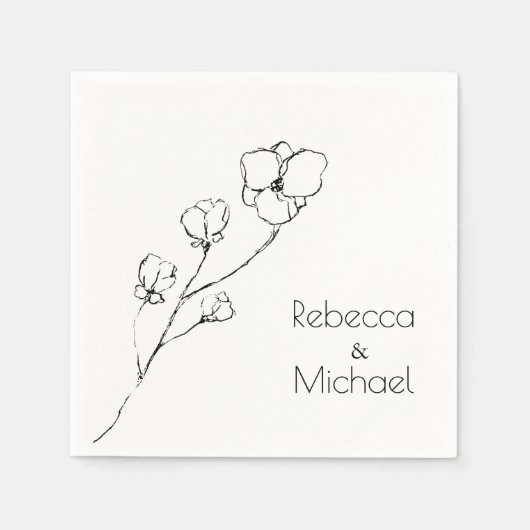 Serviette En Papier Nom du Mariage floral tracé à la main simple (Devant)