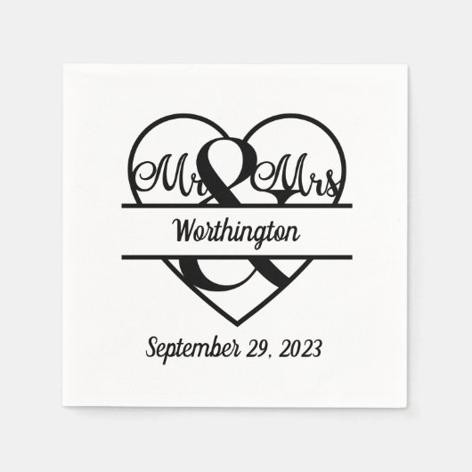 Serviette En Papier Nom du monogramme Date Mariage cardiaque (Devant)