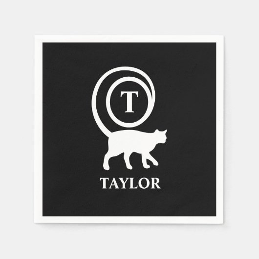 Serviette En Papier Nom du monogramme Kitty initial Chat Lover noir bl (Devant)